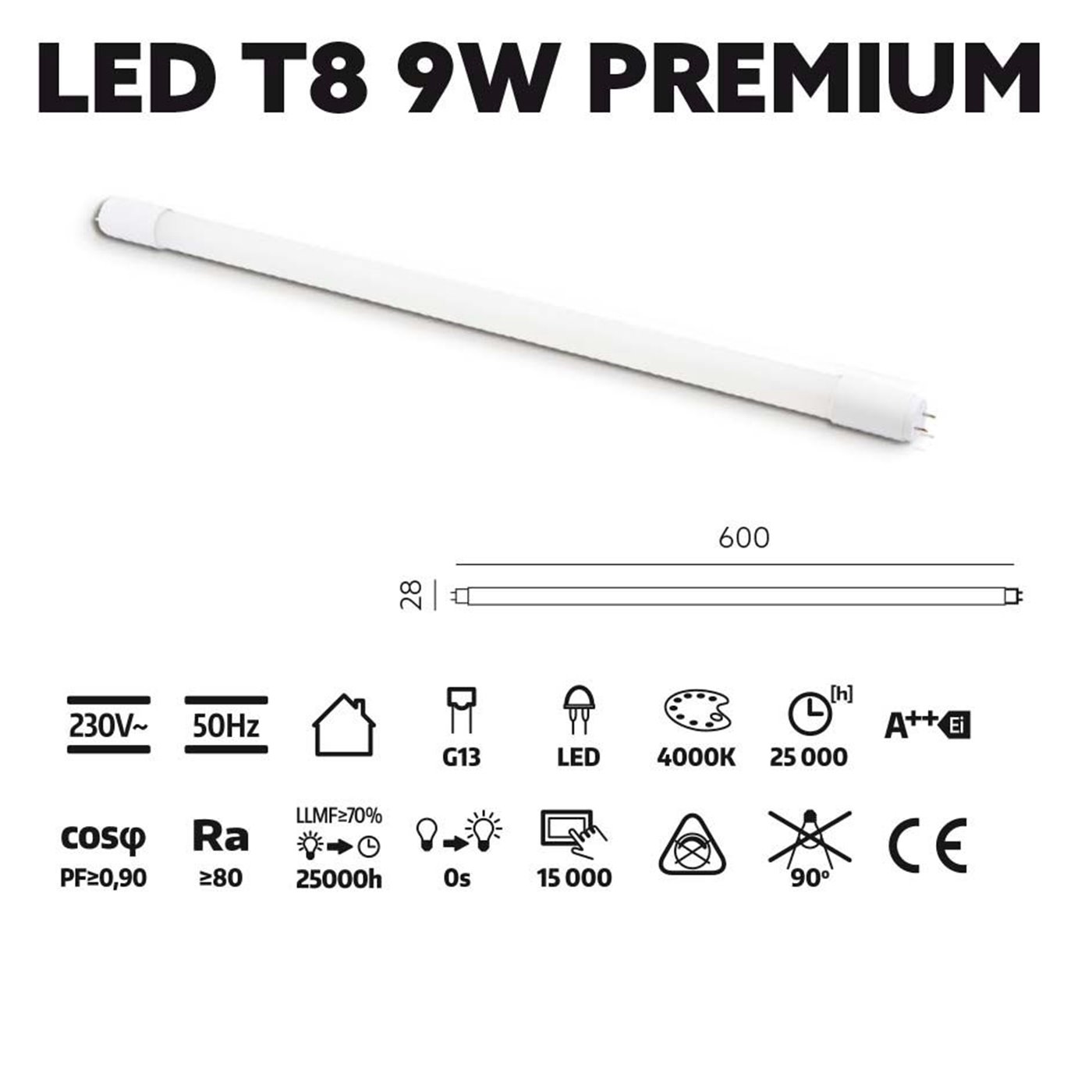 LED trubica T8 9W 4000K 60cm sklenená PREMIUM