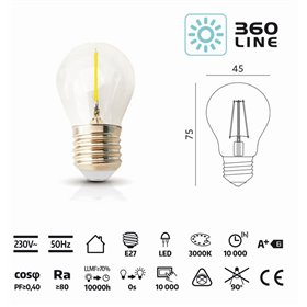 Žiarovka LED 1,3W, E27, 3000K, 230V, LED filament, globo